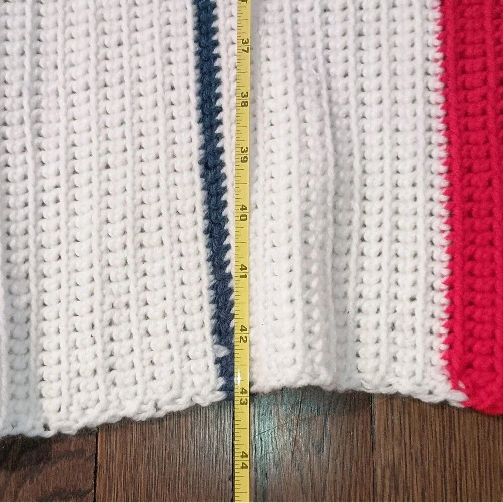 Vintage Hand Crocheted Afghan Throw Blanket Patriotic Red White Blue 43 x 53.5